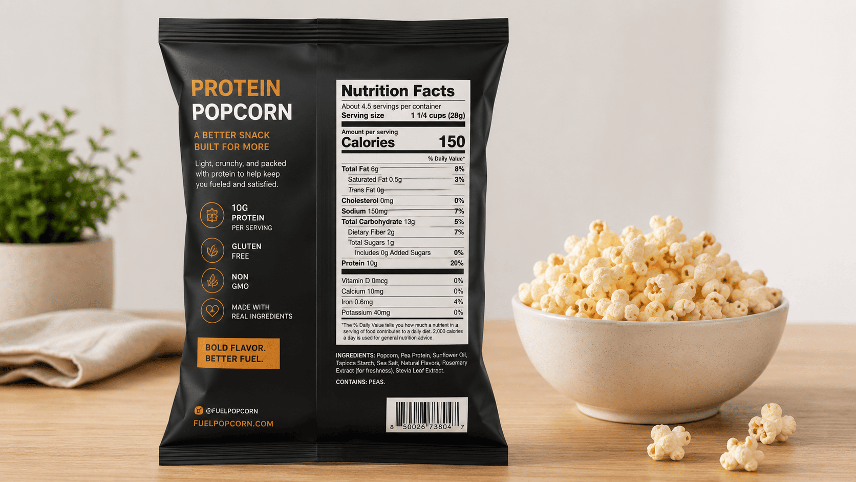 A bag of protein popcorn with the nutrition label facing out