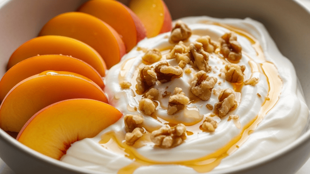 A bowl of thick Greek yogurt drizzled with honey, crushed walnuts, and sliced summer peaches