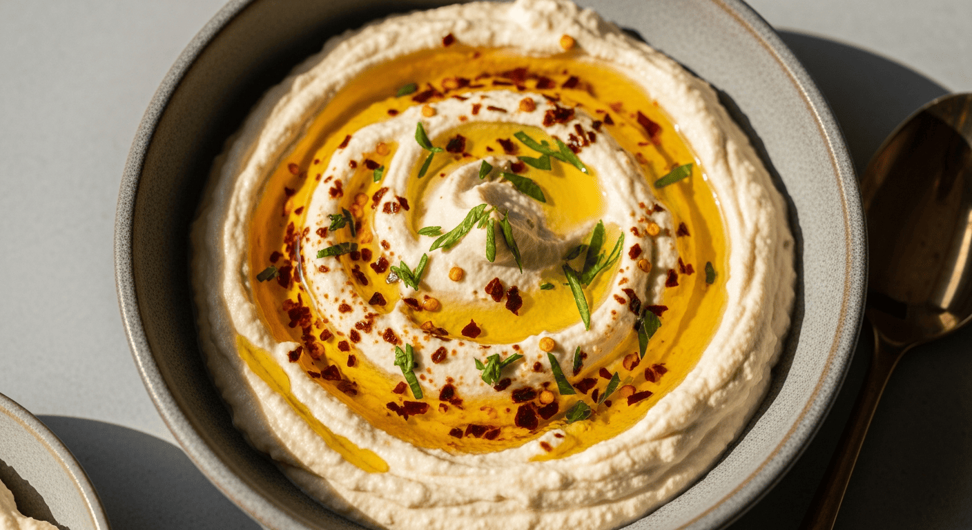 A bowl of whipped feta dip swirled with olive oil, chili flakes, and herbs on top