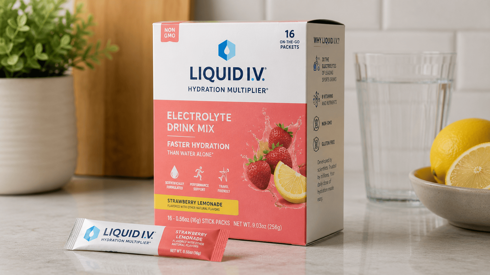 A box of flavored electrolyte packets on a kitchen counter