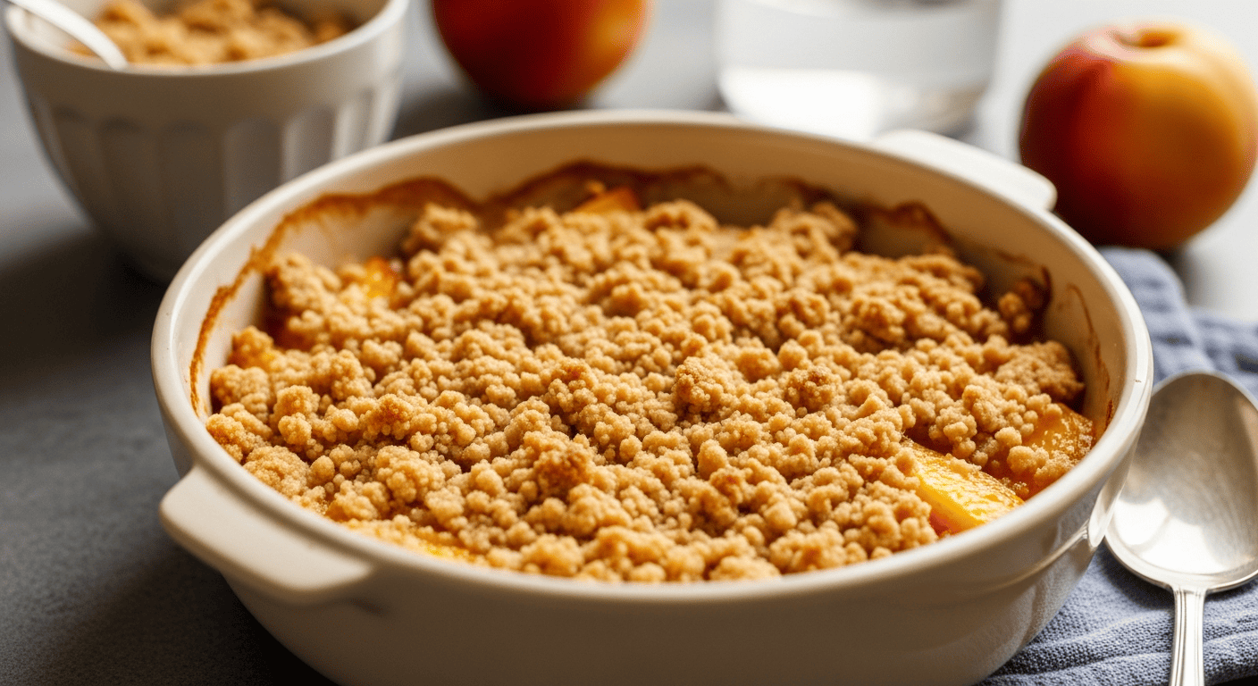 A bubbling peach crisp in a baking dish, golden crumble topping