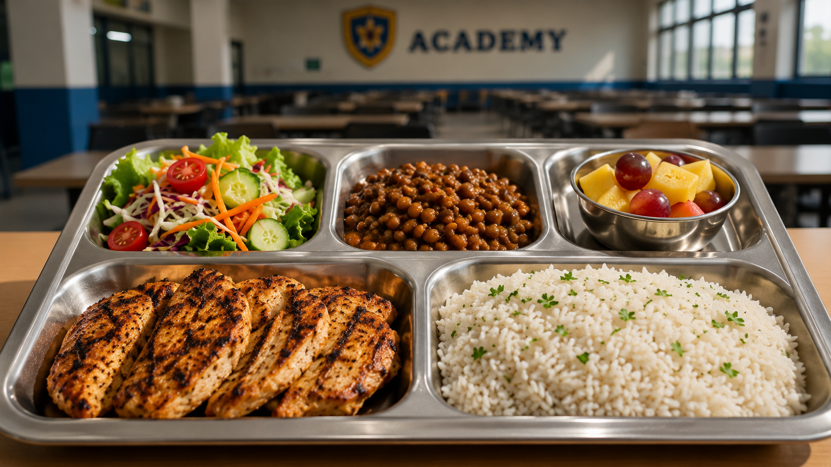 A canteen-style tray with grilled chicken, rice, legumes and salad, academy dining hall setting