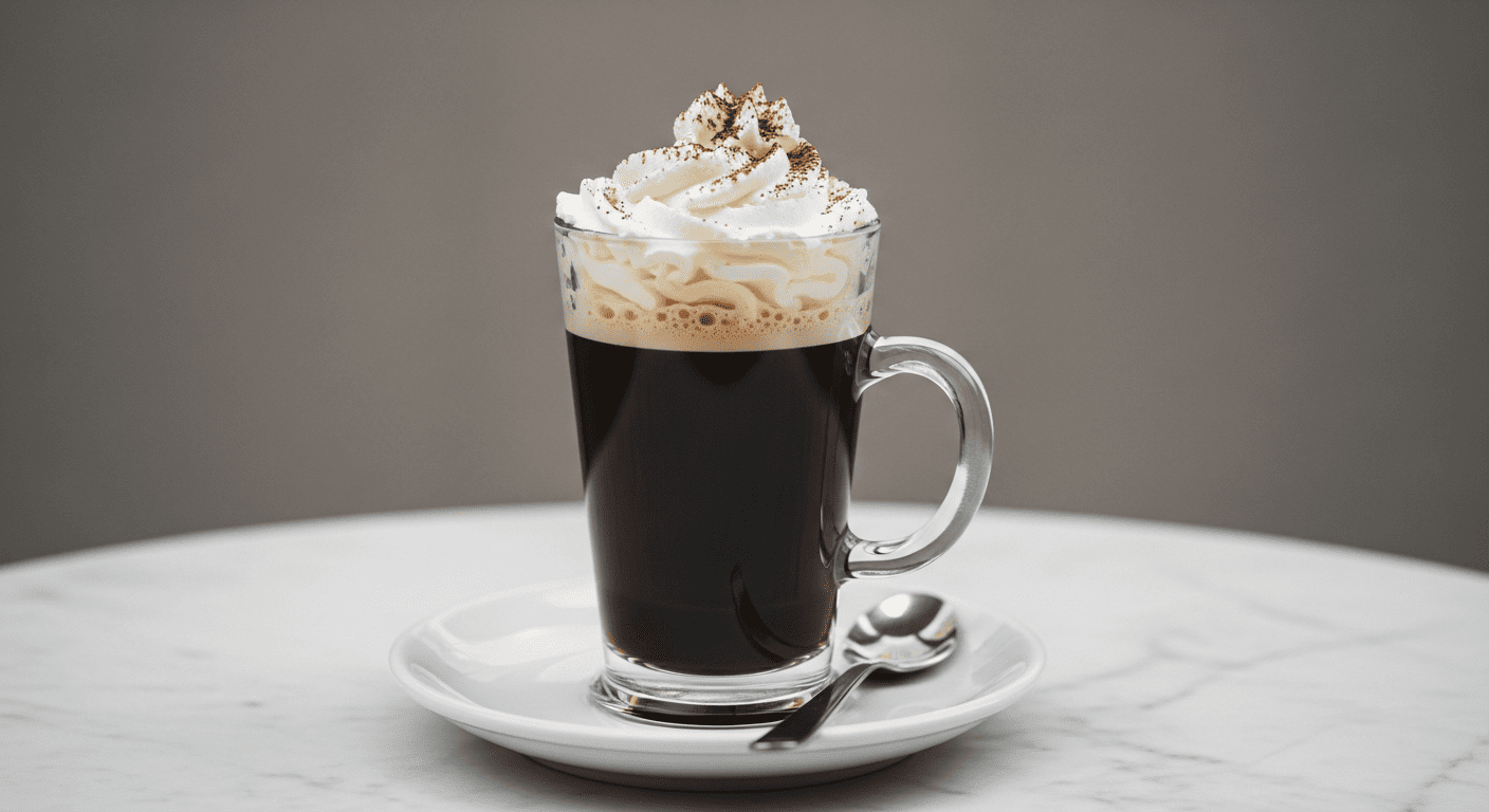 A classic hot Einspänner in a tall handled glass, dark espresso beneath a dome of unstirred whipped cream, dusted with cocoa, on a marble café table