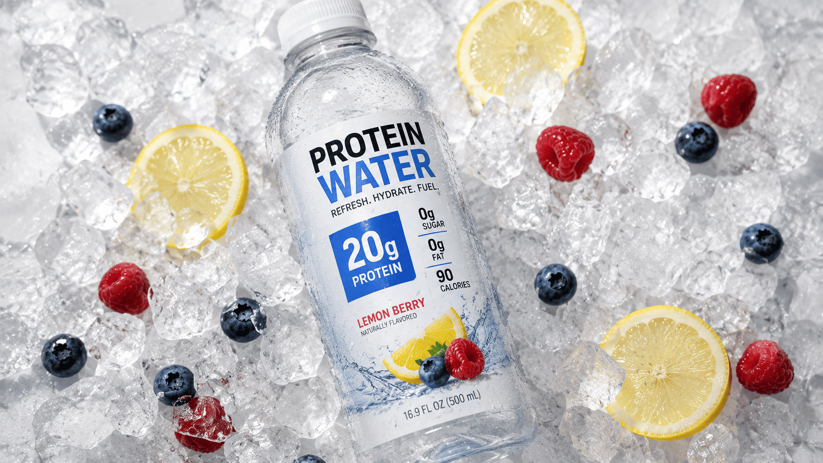 A clear bottle of flavored protein water on ice