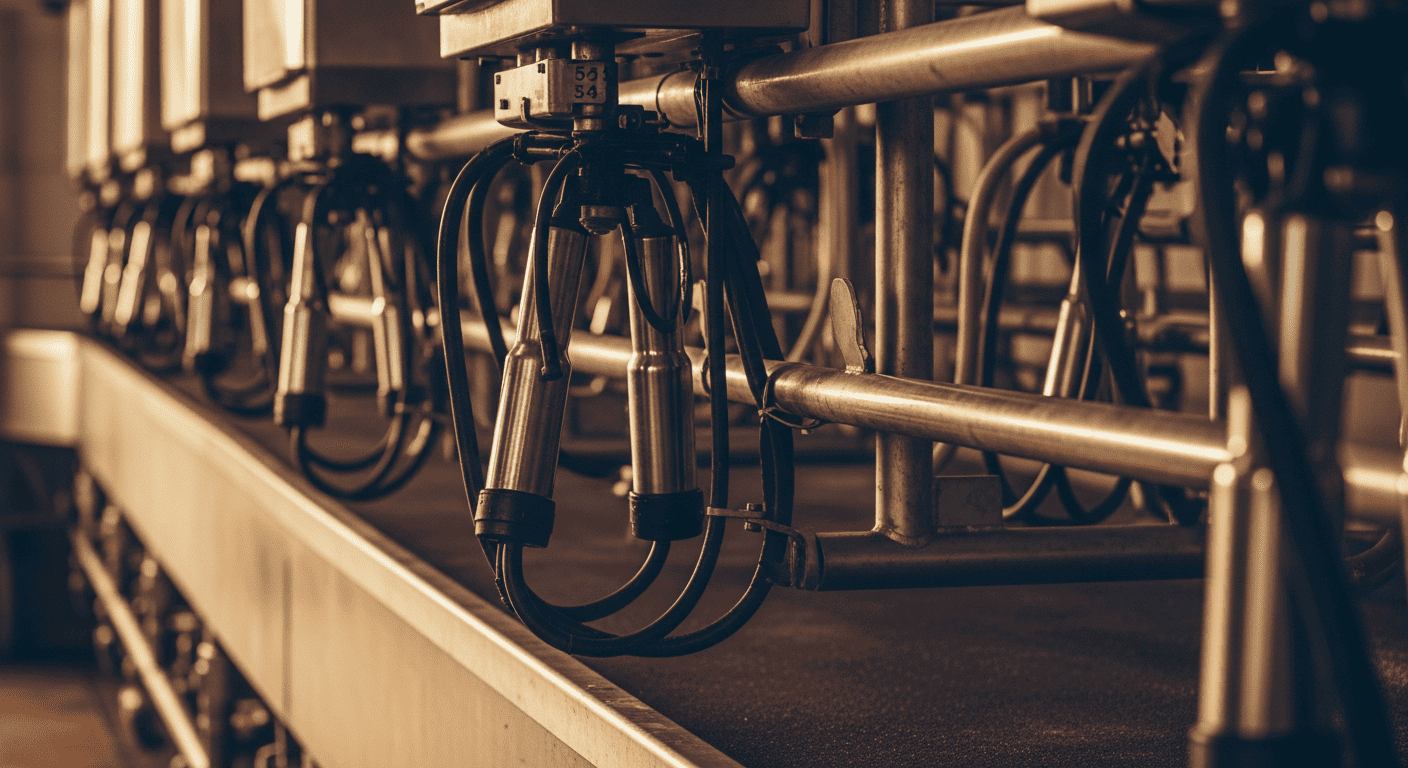 A dairy farm milking parlor, cool blue-toned morning light, a subtle sense of clinical caution