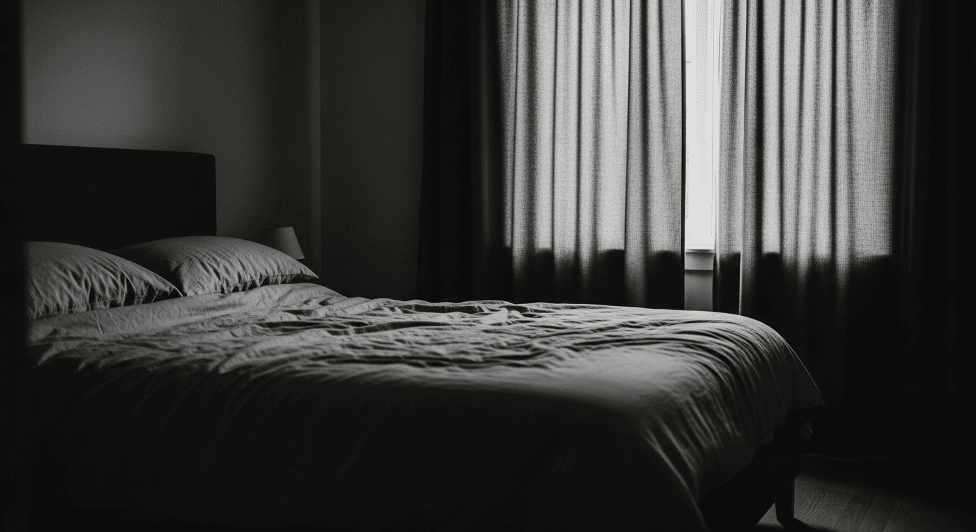 A darkened bedroom with soft moonlight through curtains, minimal calm styling