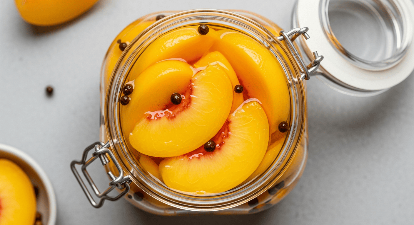 A glass jar of pickled peach wedges with visible whole spices