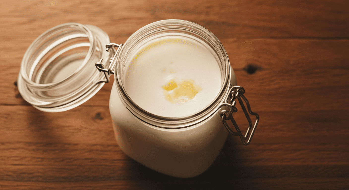 A glass jar of raw milk on a rustic wooden farm table, soft morning light, cream separating visibly at the top
