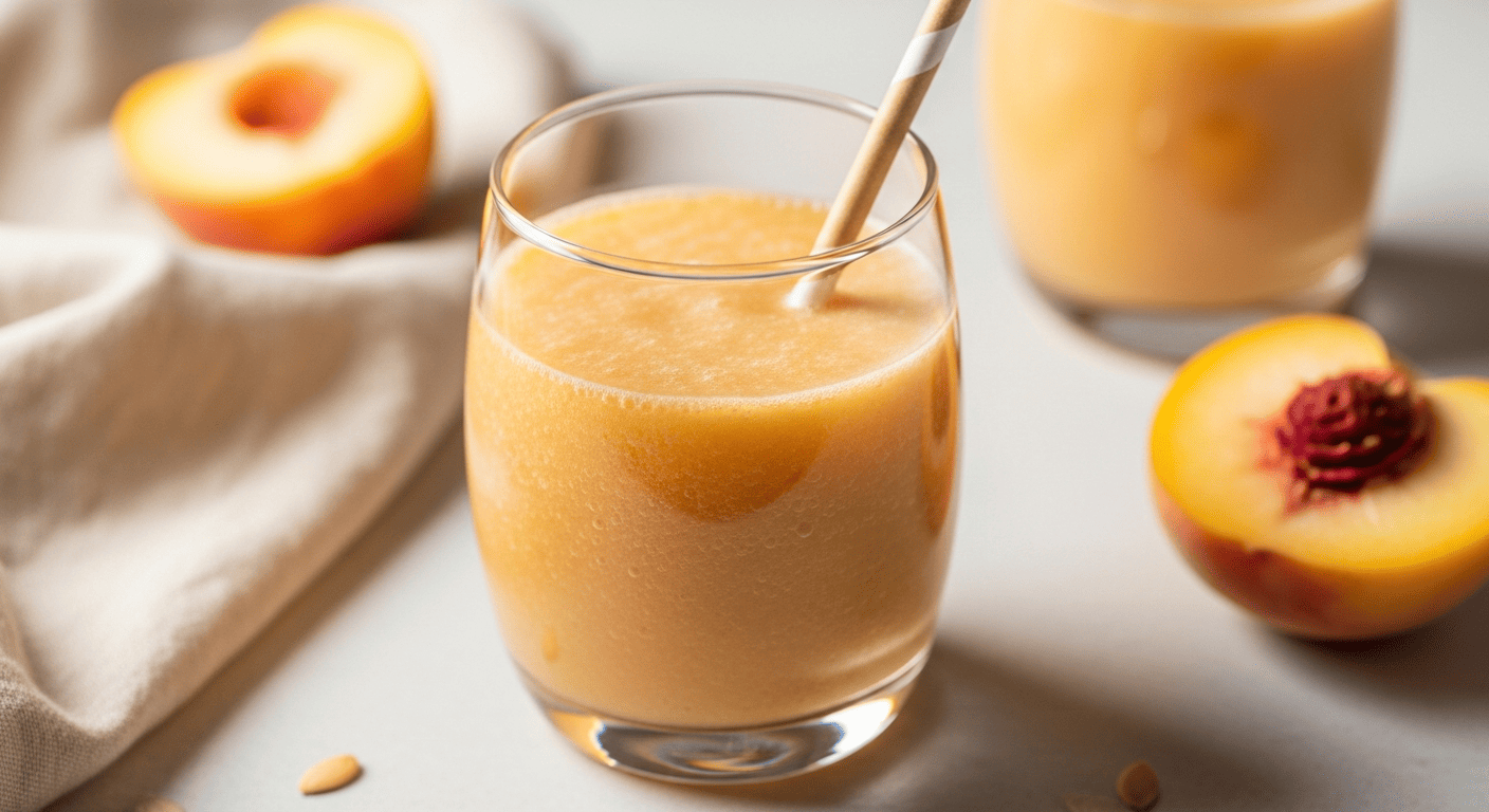 A glass of pale orange peach smoothie with a straw