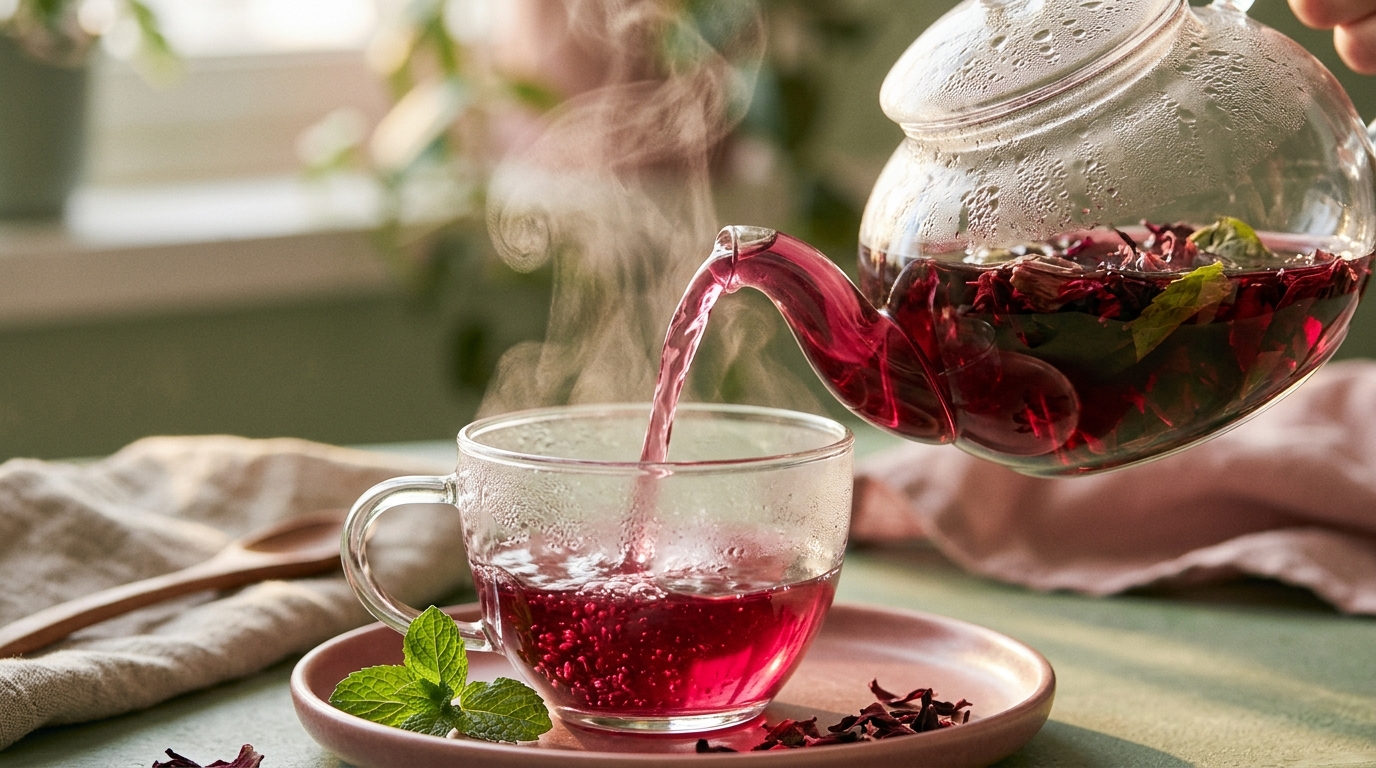 A glass teapot of magenta hibiscus tea being poured, steam rising, styled with dusty rose and sage props