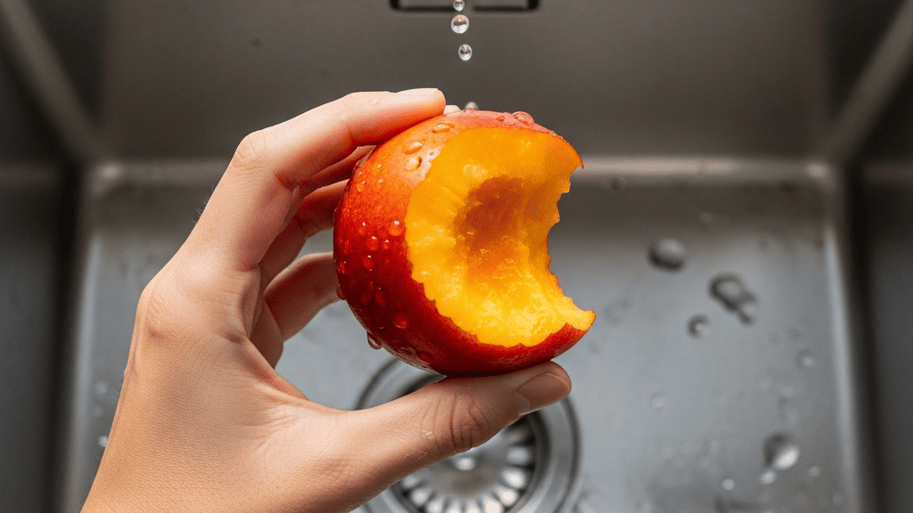 A hand holding a bitten, juicy peach over a kitchen sink