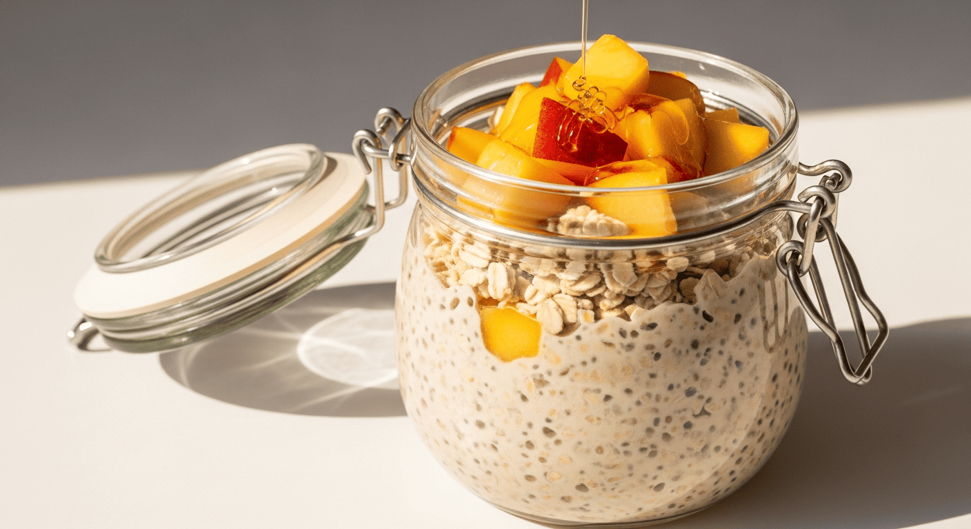 A jar of overnight oats topped with diced peach and honey