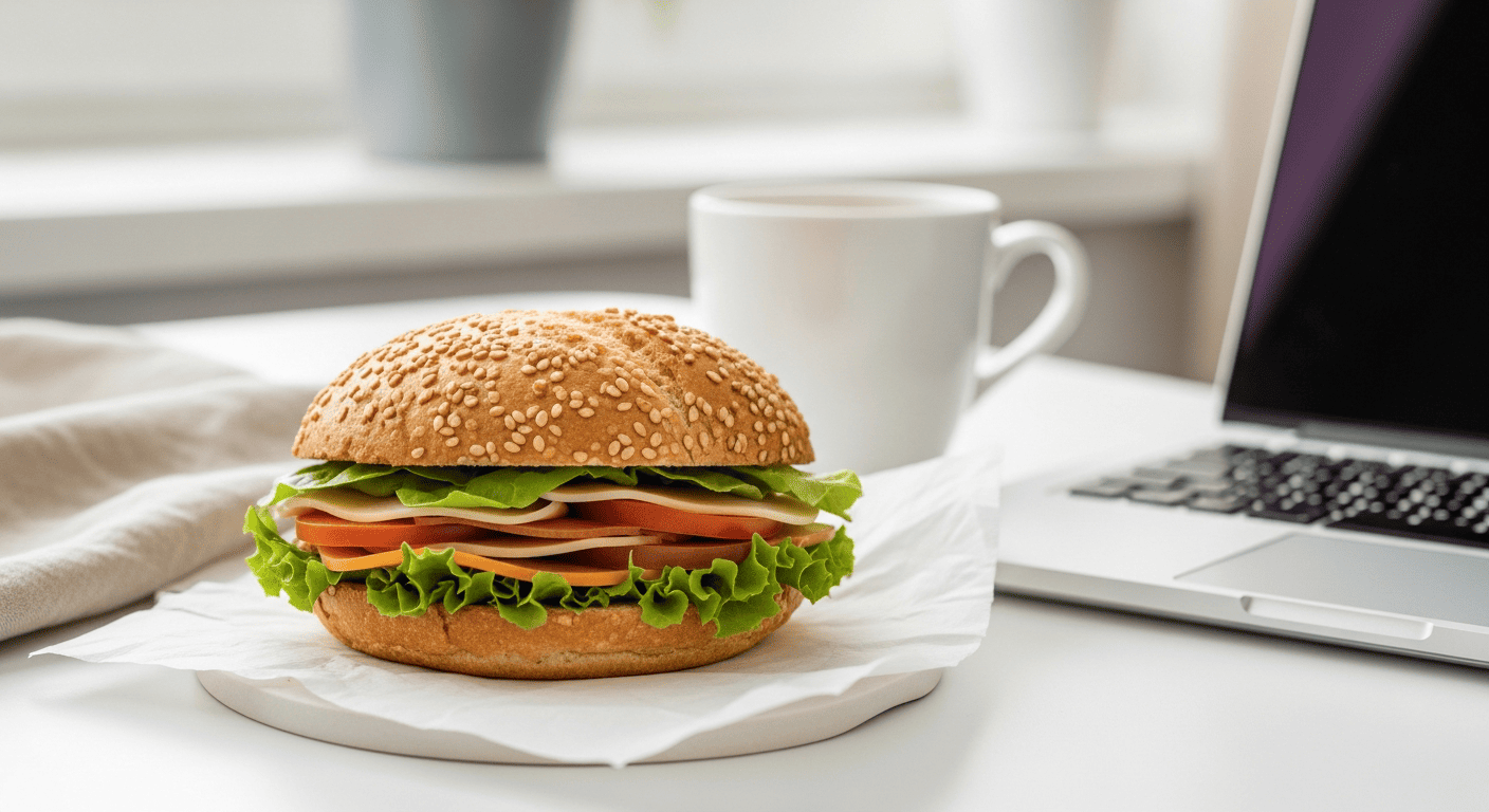 A laptop open on a desk beside an untouched sandwich, half-eaten, 12:52 clock visible in frame