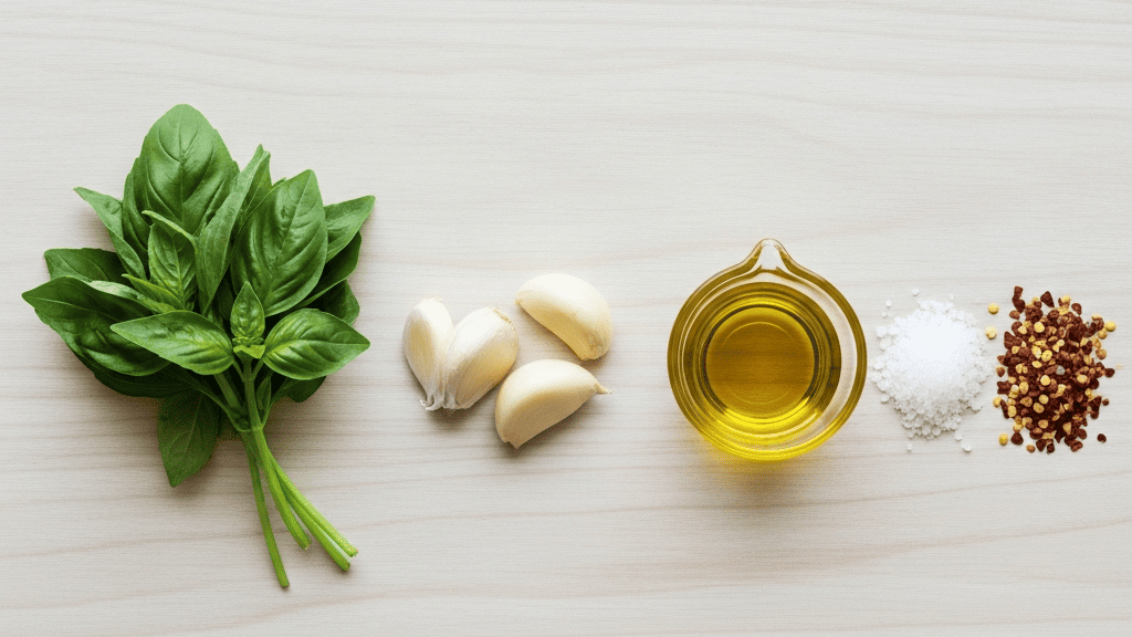 A nearly empty kitchen counter with just five ingredients laid out in a neat row, soft daylight