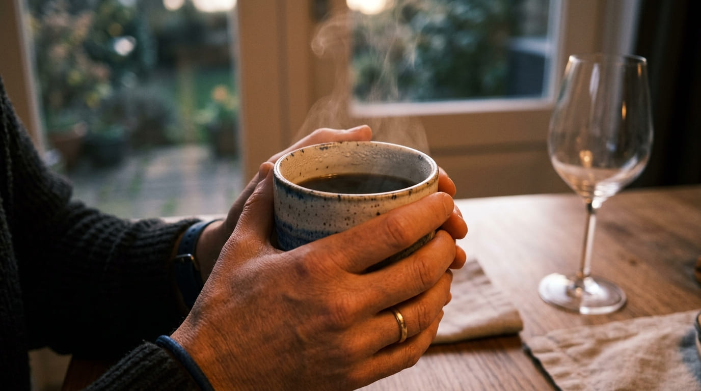 A person's hands wrapped around a steaming ceramic mug at dusk, with an empty wine glass pushed aside in the background