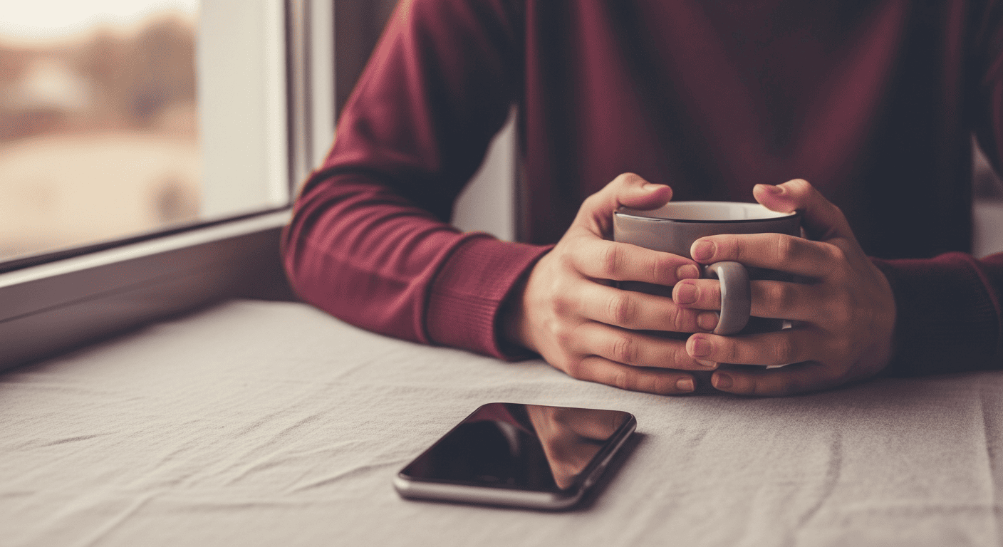 A person sitting alone by a window at dusk, phone face-down on the table, both hands around a mug
