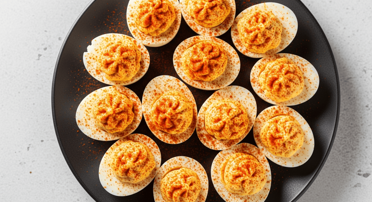 A platter of classic deviled eggs dusted with paprika