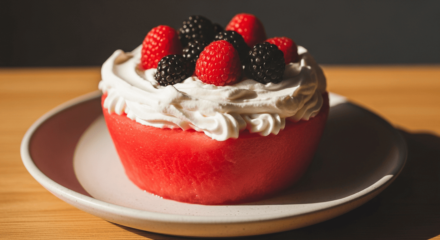 A round watermelon slice frosted with whipped cream like a cake, fresh berries on top
