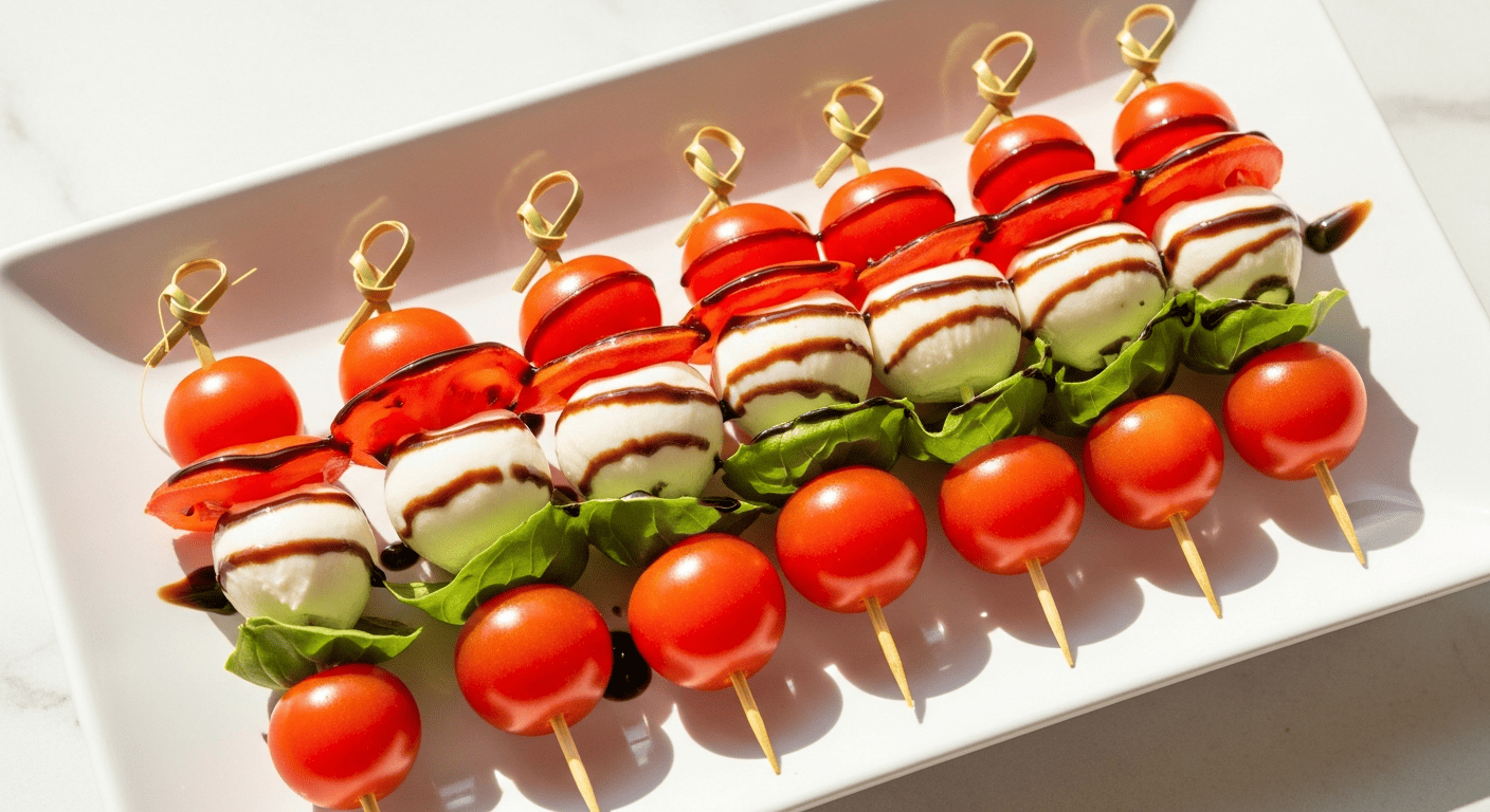 A row of caprese skewers on a white platter with balsamic drizzle