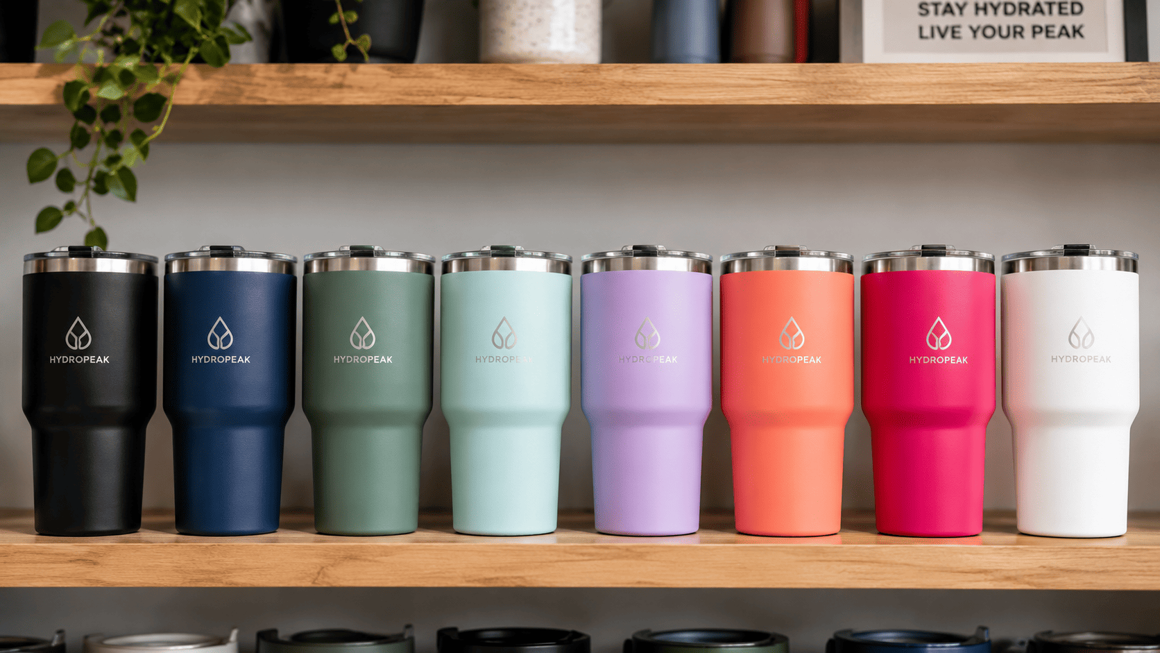 A row of colorful insulated tumblers lined up on a shelf