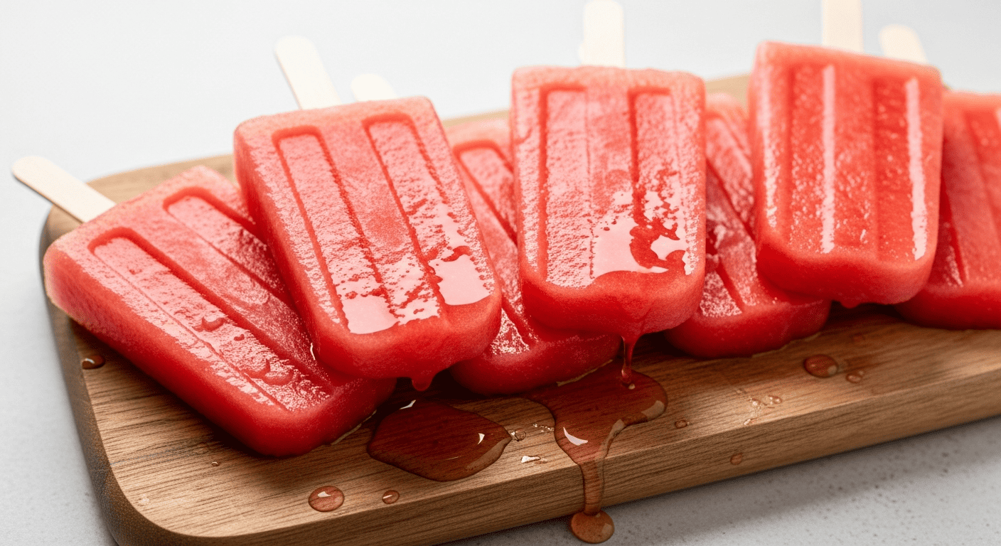 A row of pink watermelon popsicles on a wooden board, condensation dripping
