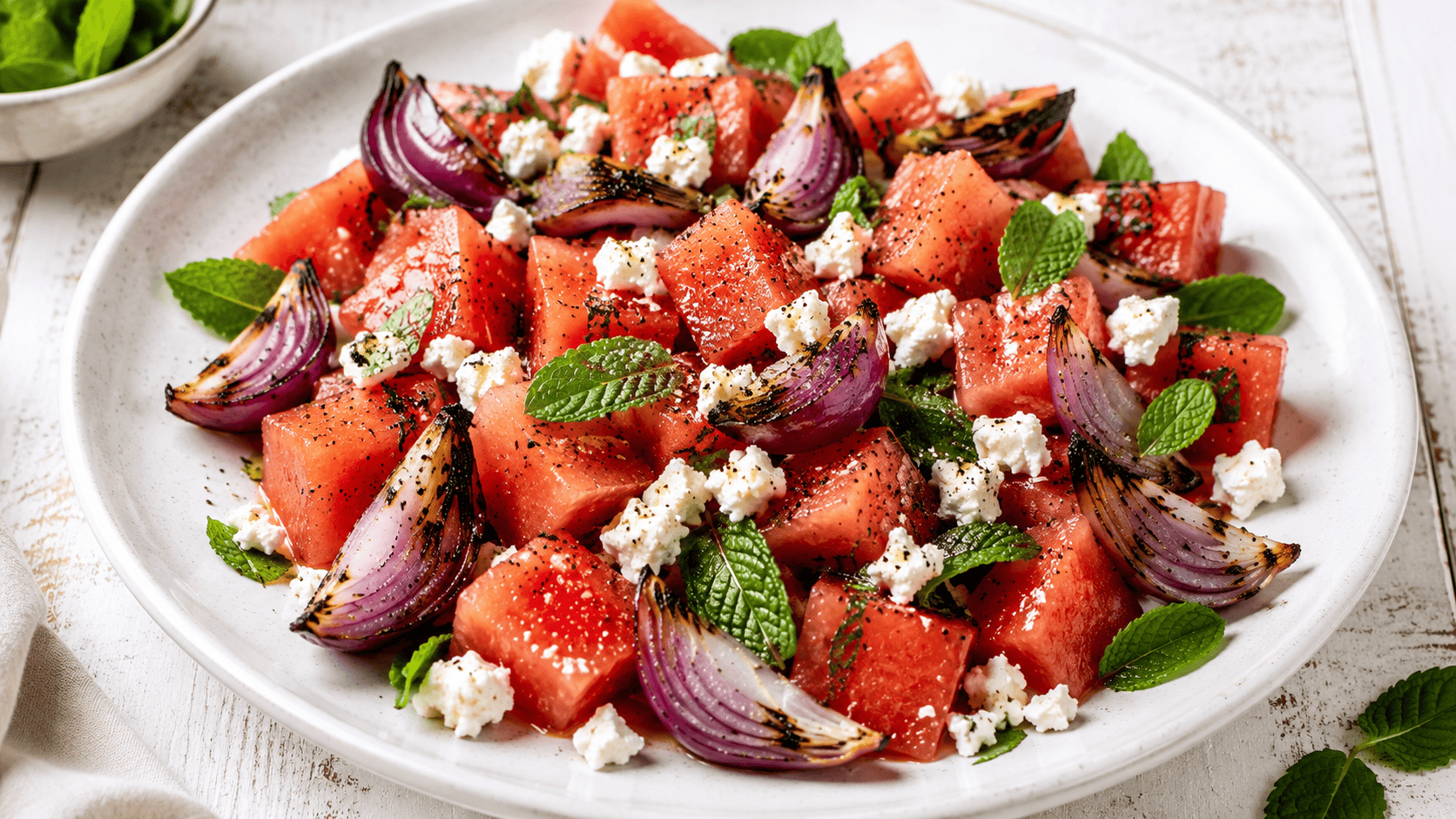 A rustic salad platter of watermelon, crumbled feta, charred red onion, and mint, dark ceramic plate