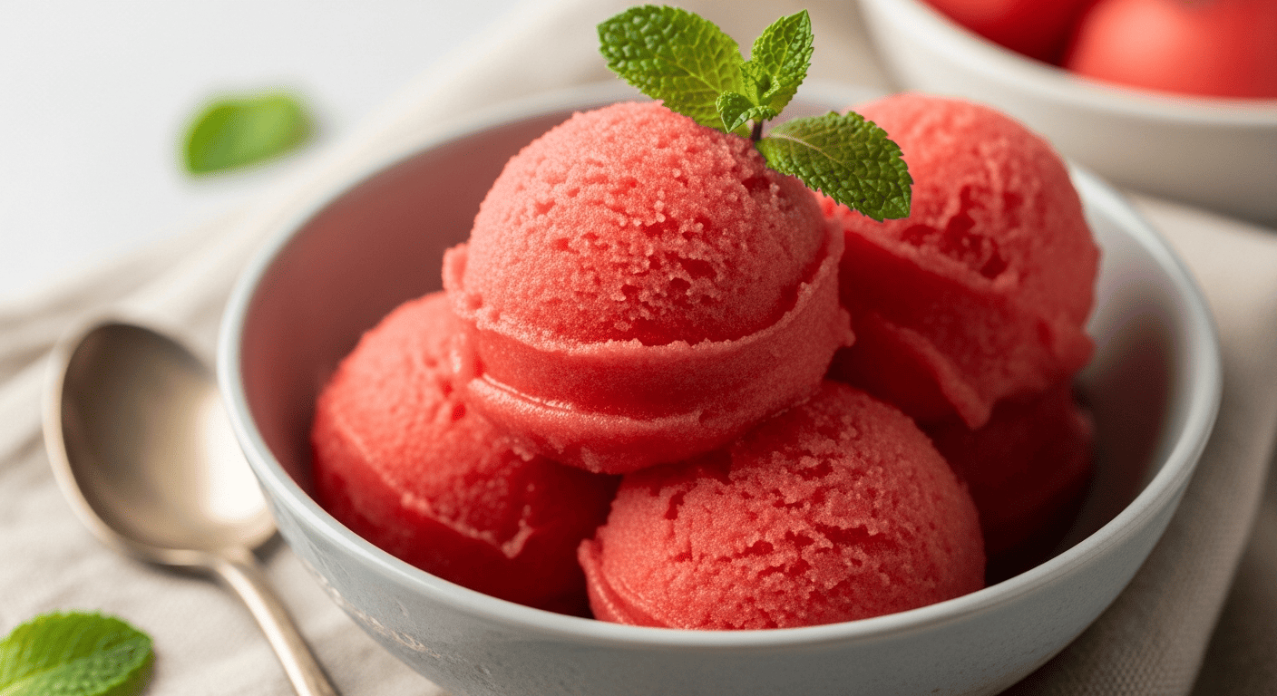 A scoop of pink watermelon sorbet in a bowl, mint garnish, soft evening light