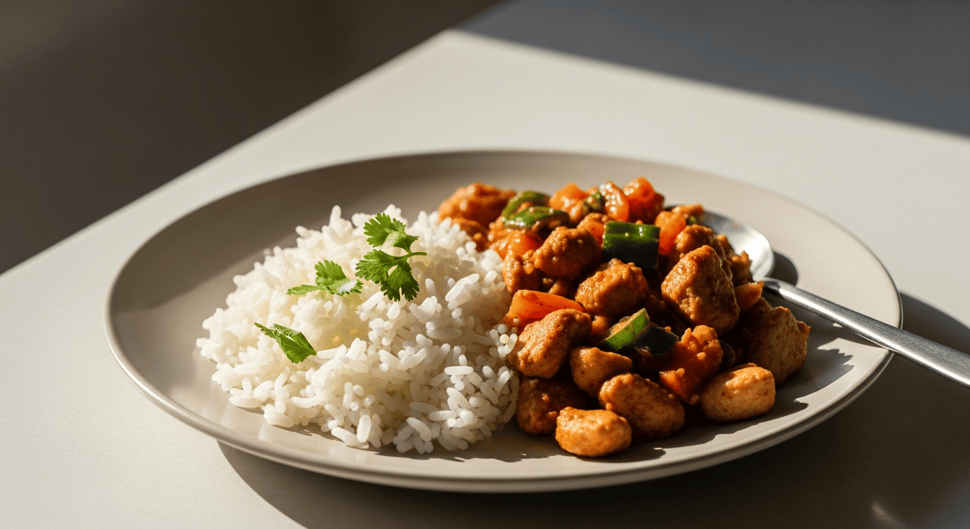 A simple home-cooked meal of rice, protein and vegetables on a plain plate, everyday kitchen setting