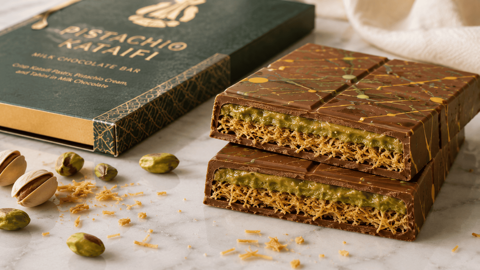 A sliced pistachio-kataifi chocolate bar showing the layered filling