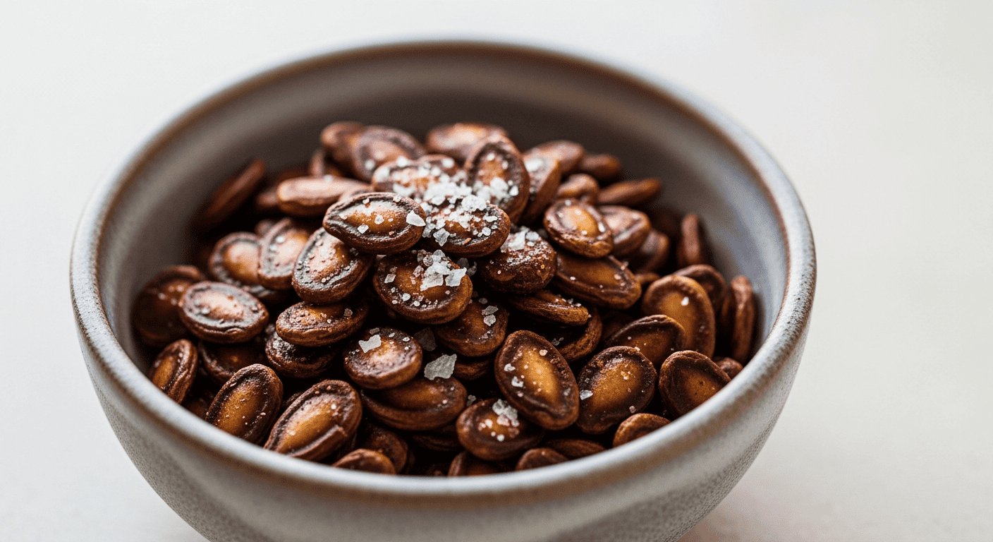 A small bowl of toasted watermelon seeds with flaky salt, close-up
