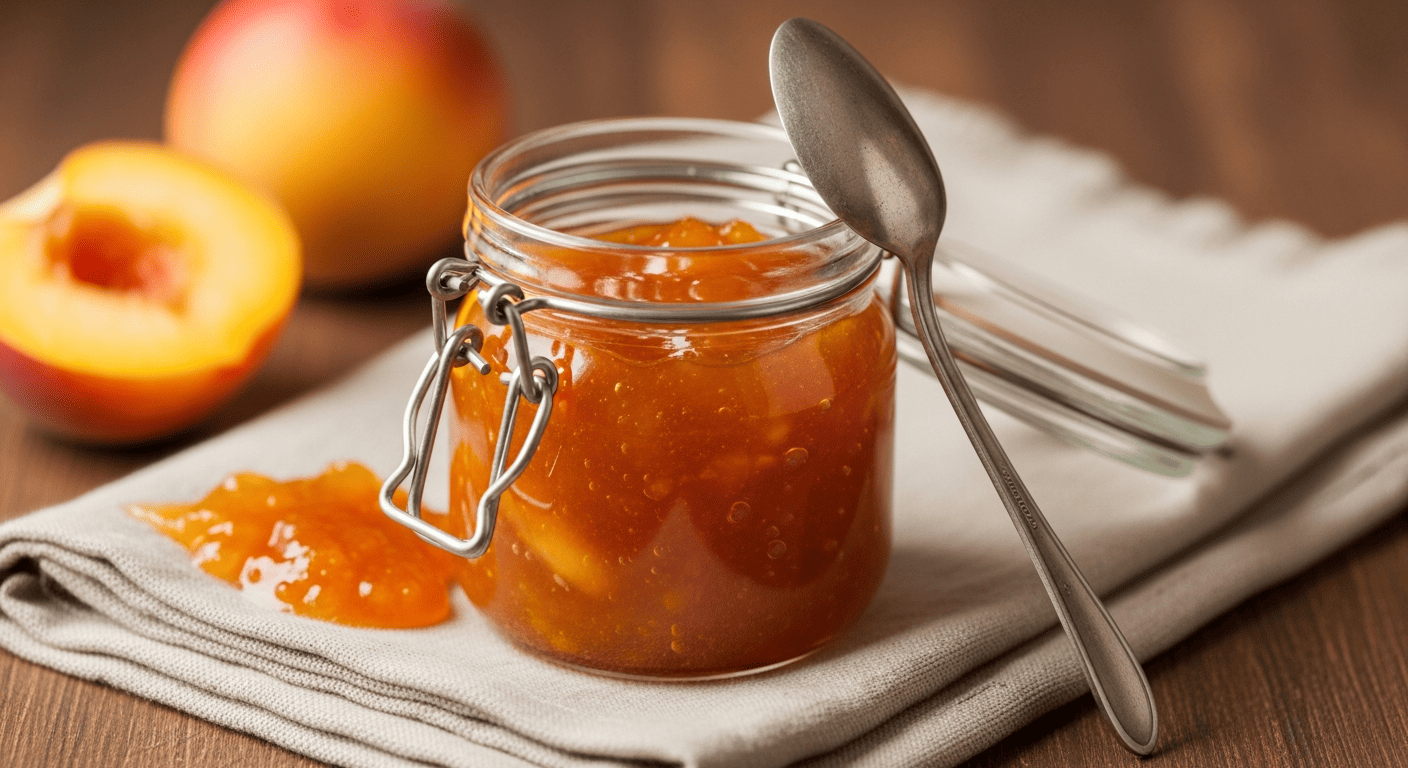 A small jar of homemade peach jam with a spoon resting beside it