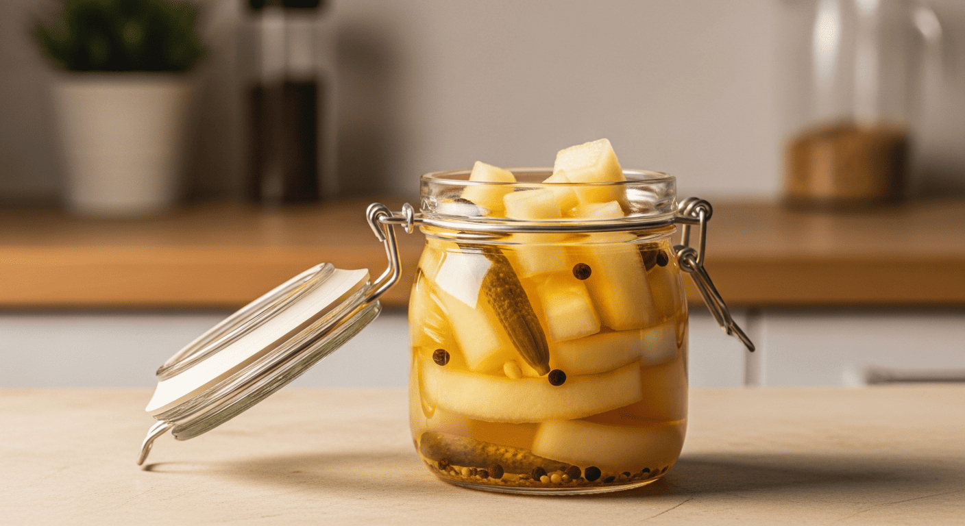 A small jar of pale pickled watermelon rind, whole spices visible, rustic kitchen counter