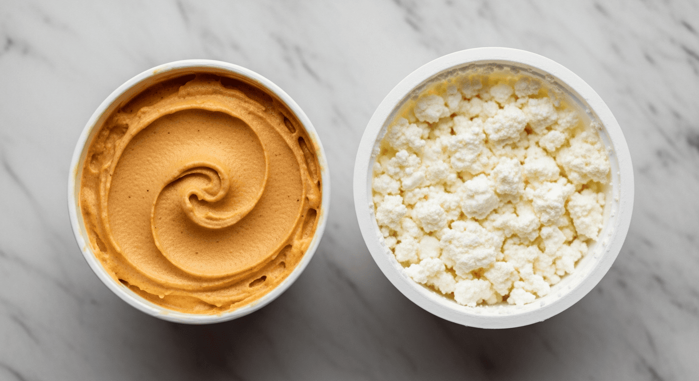 A small tub of high-protein ice cream next to a container of plain cottage cheese