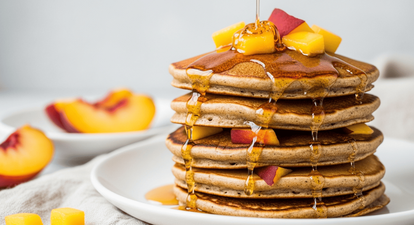 A stack of pancakes with visible peach chunks, syrup dripping down the side