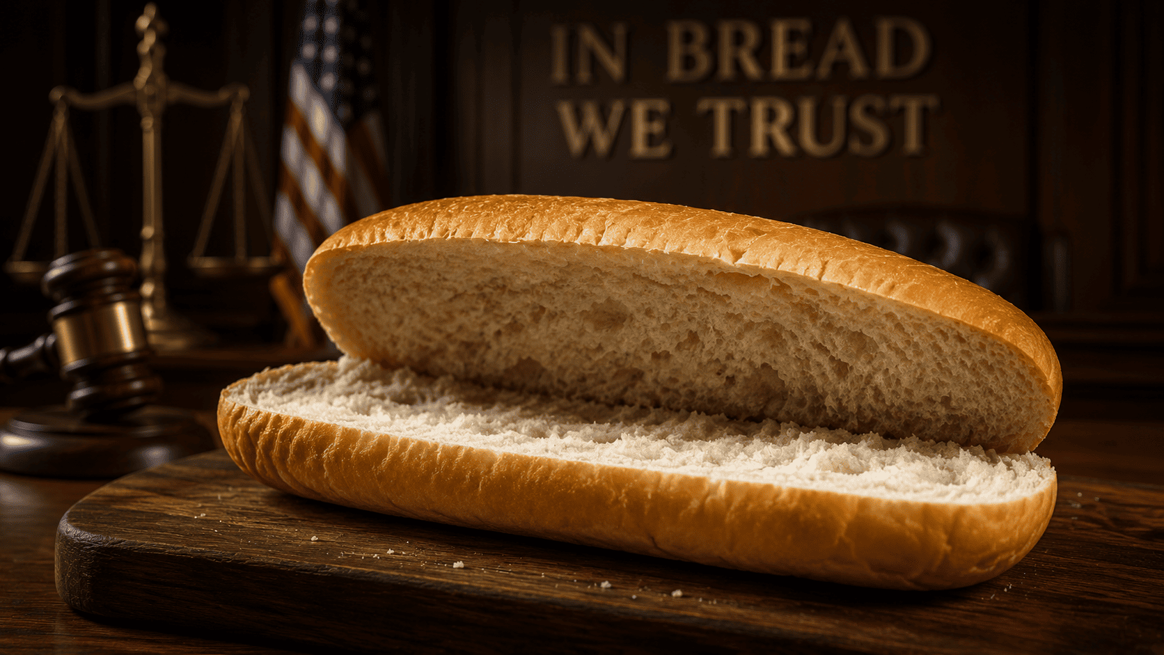 A sub sandwich roll sliced open on a wooden board, moody courtroom-adjacent lighting