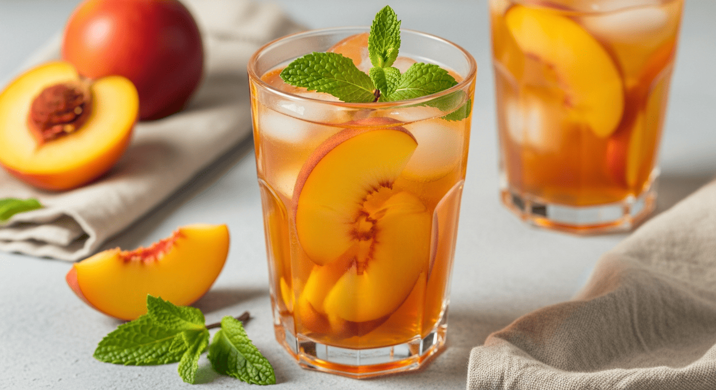 A tall glass of iced tea with muddled peach slices and mint