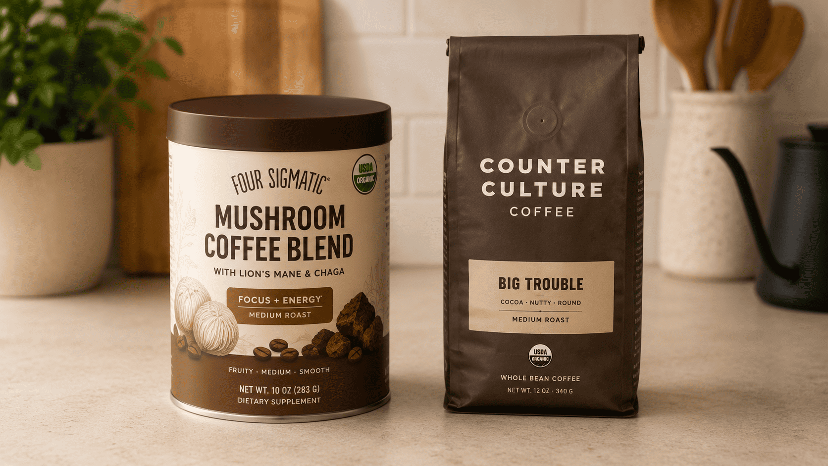 A tin of mushroom coffee blend next to a regular coffee bag for comparison