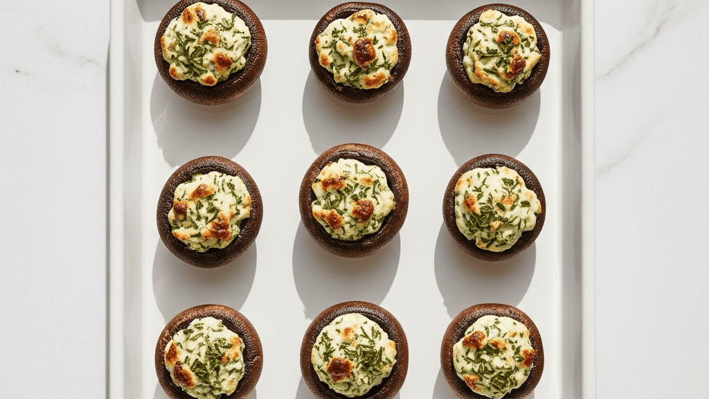 A tray of golden brown stuffed mushroom caps fresh from the oven