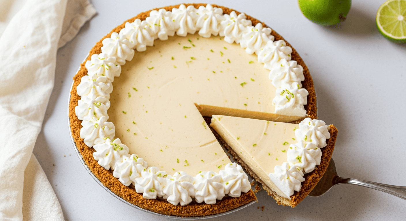 A whole key lime pie with a graham crust and whipped cream border, one slice cut out
