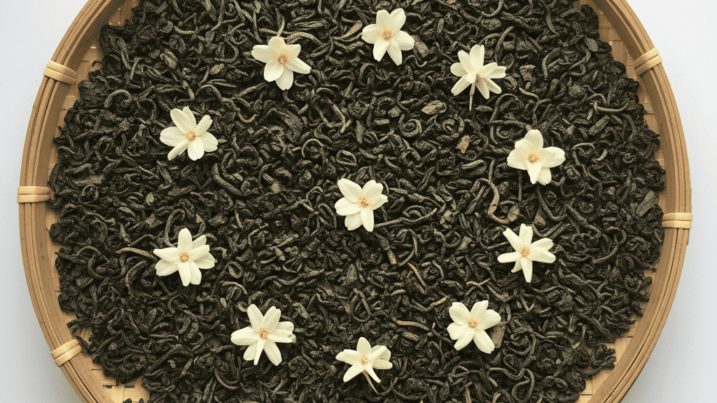 An elderly tea artisan in Fuzhou sifting spent jasmine blossoms from dried tea leaves