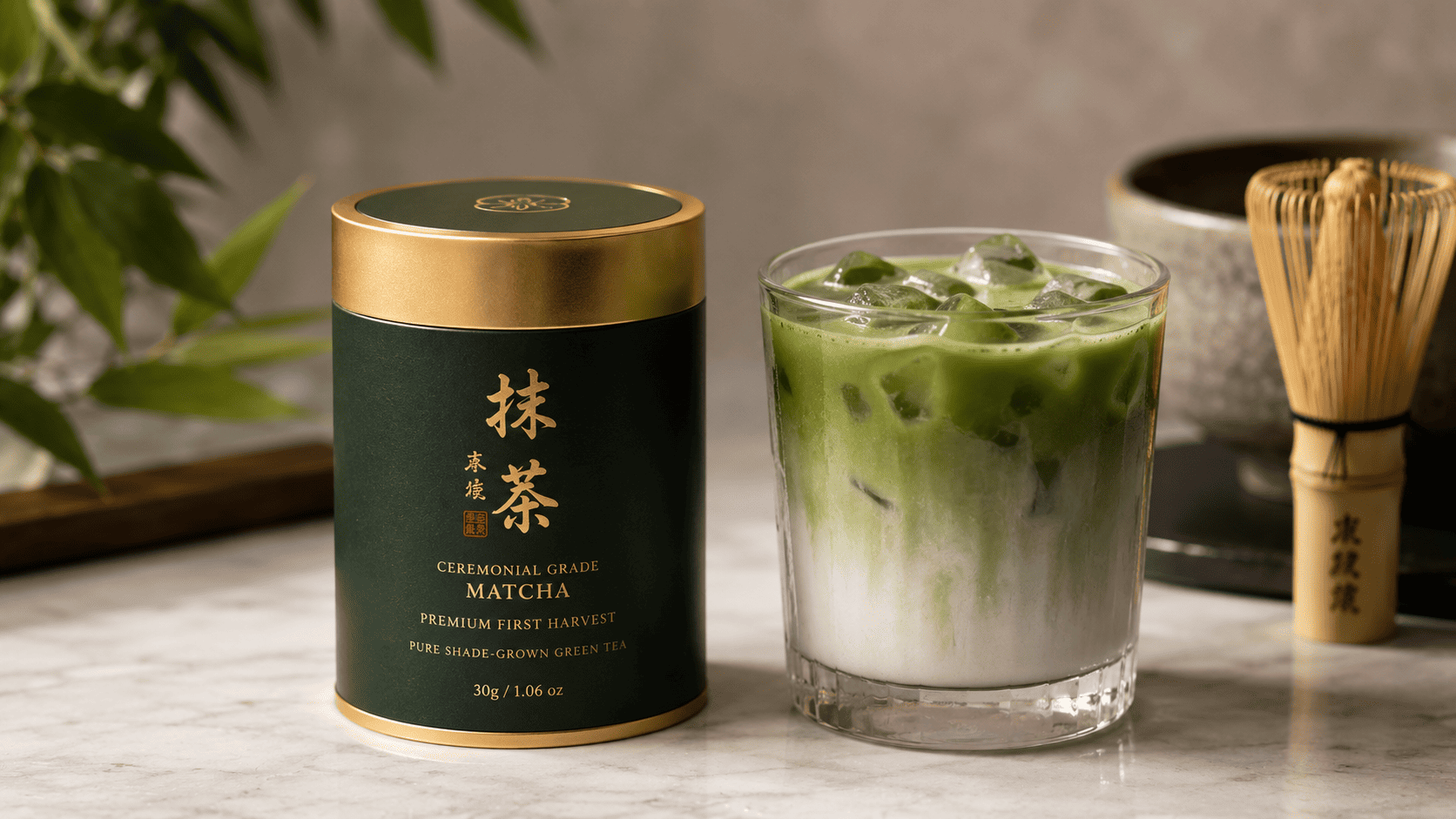 An expensive ceremonial-grade matcha tin beside an iced matcha latte