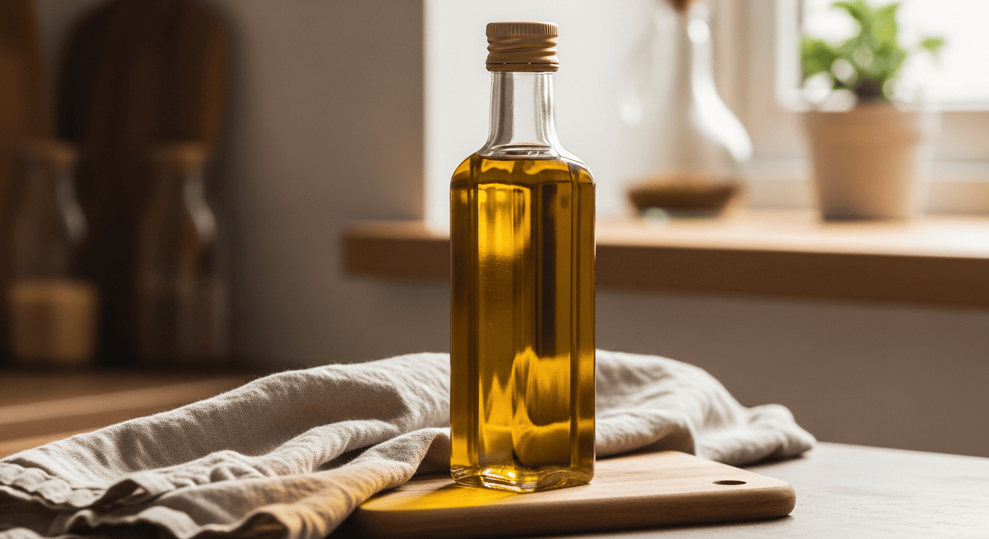 An ornate olive oil bottle displayed on a kitchen counter