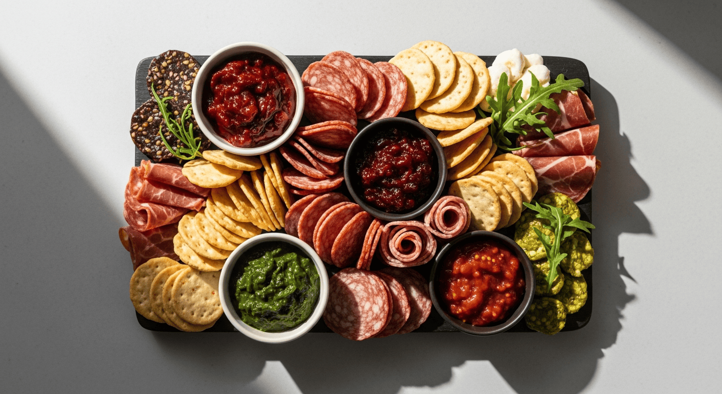 An overhead shot of a simple charcuterie board clustered by color and height
