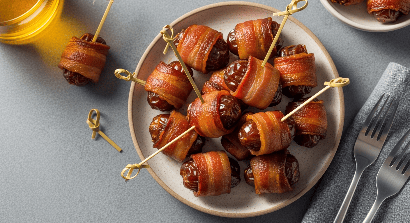 Bacon wrapped dates on a small platter with toothpicks, glossy and caramelized