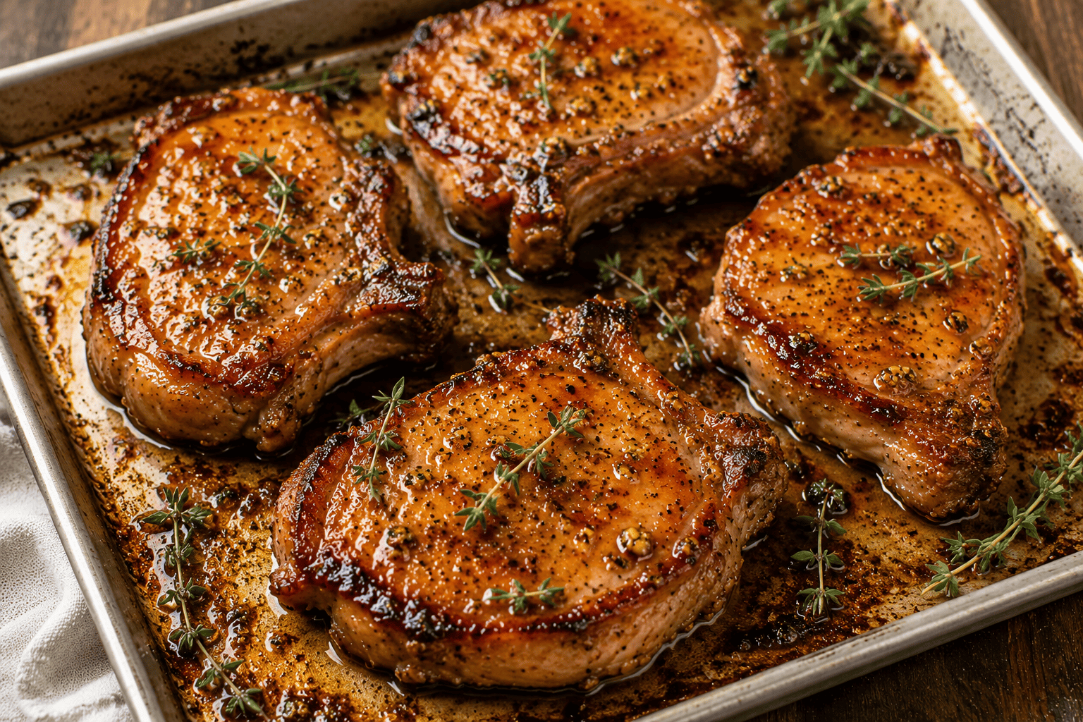 Baked honey mustard glazed pork chops on a sheet pan, fresh thyme scattered on top