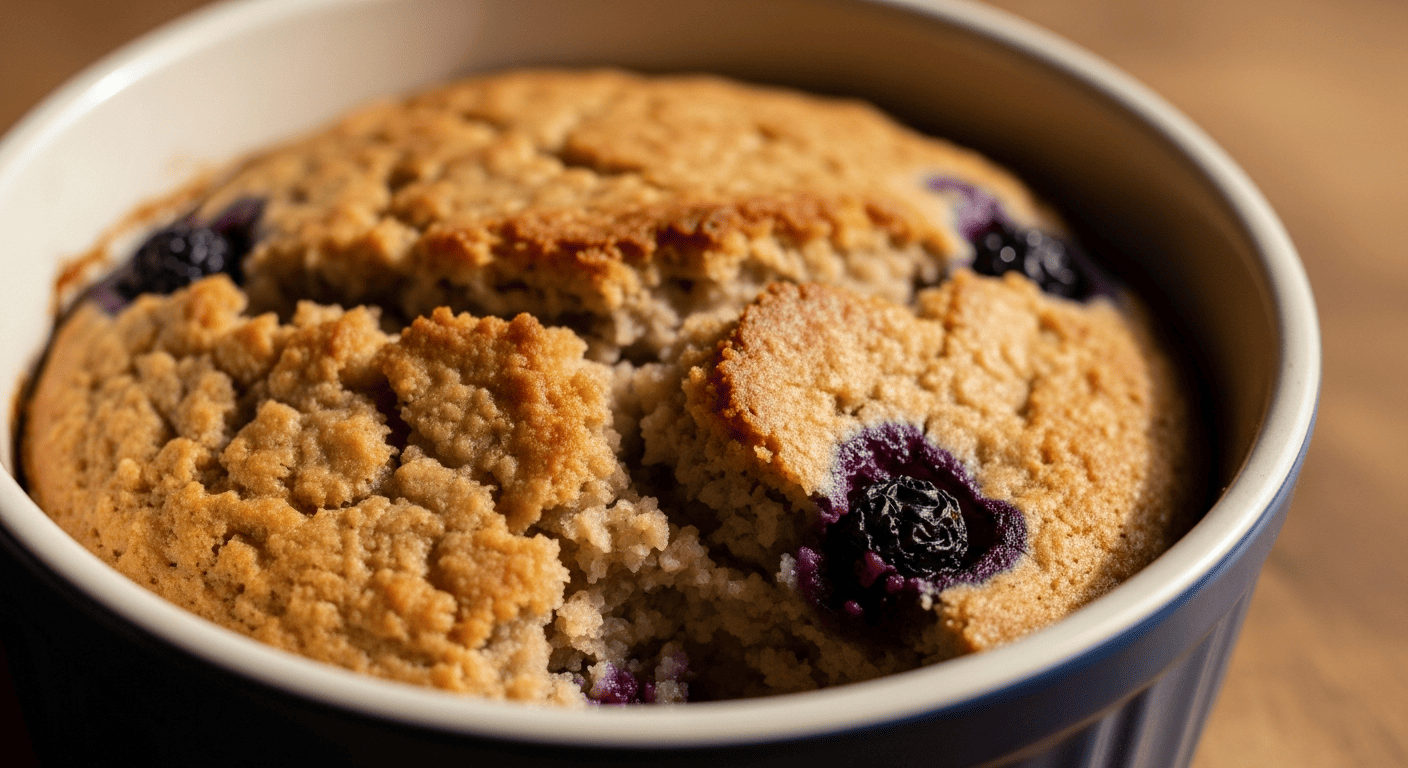 Blueberry baked oatmeal in a ceramic dish with a craggy golden top and purple berry pockets