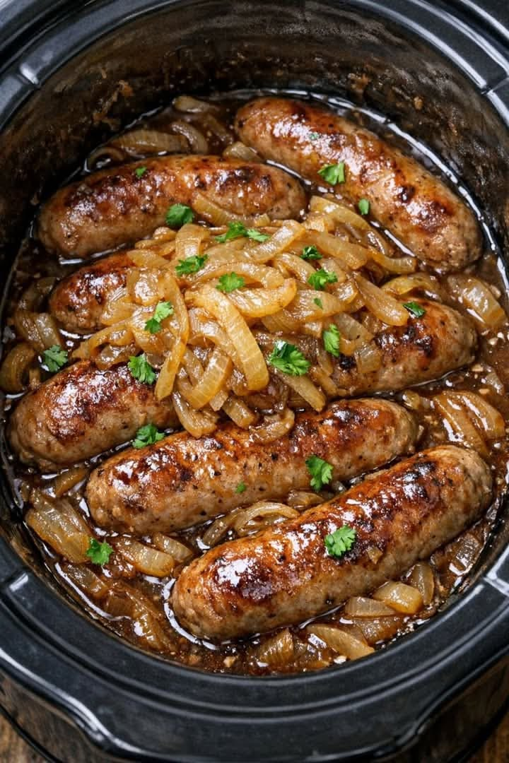 Pinterest pin — Slow Cooker Bangers and Onions, only 4 ingredients