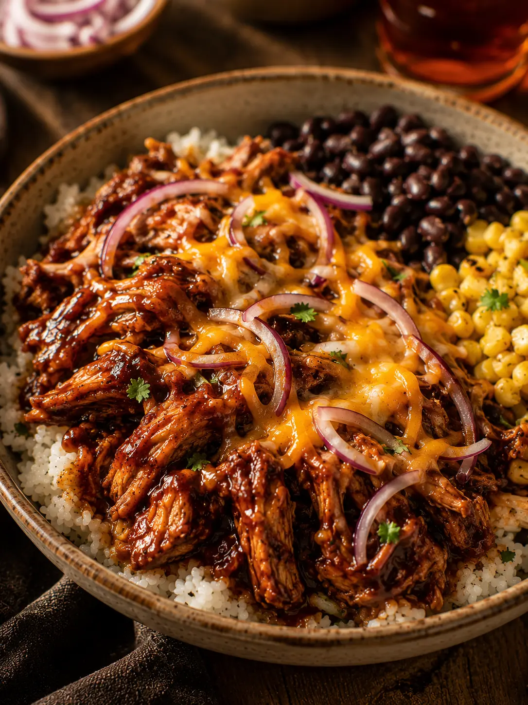 BBQ chicken over rice with black beans, corn, shredded cheddar and red onion