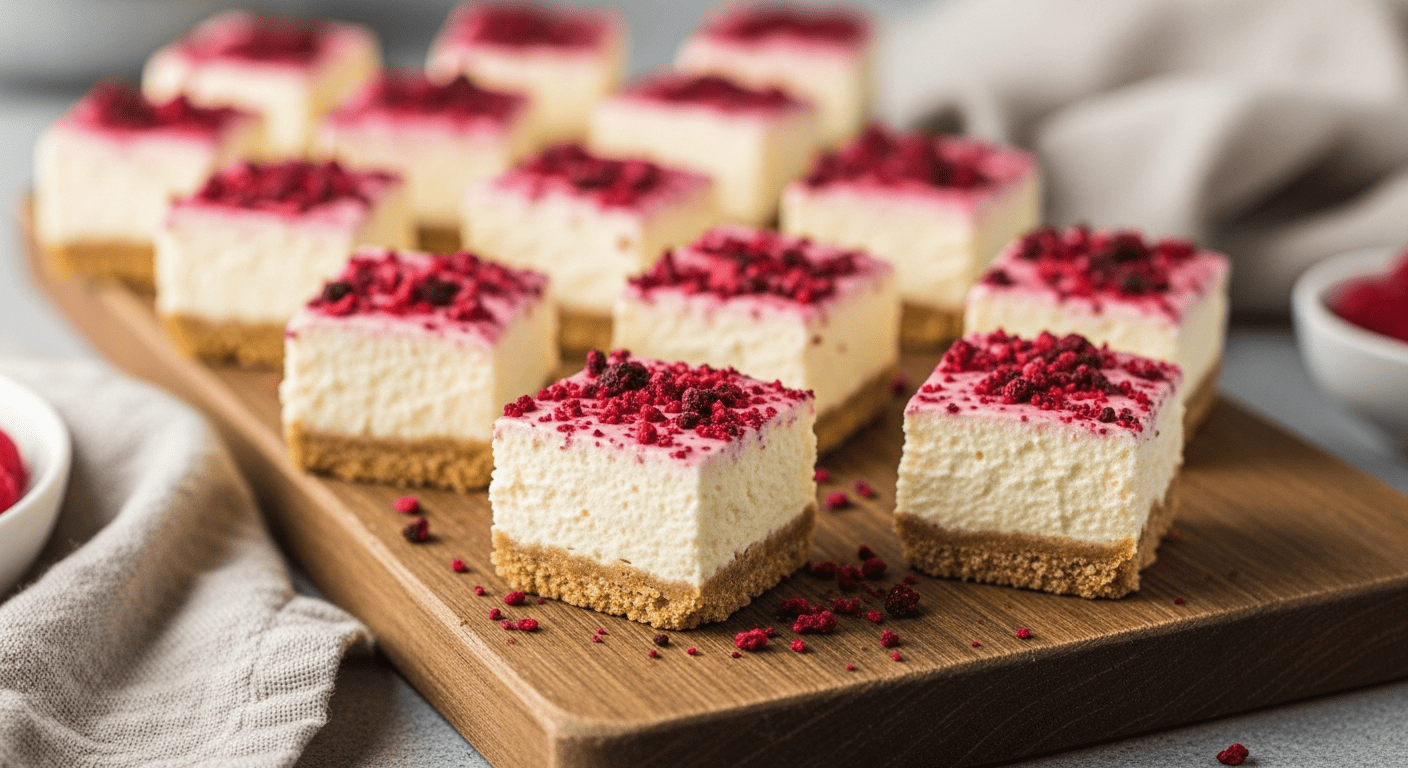 Bite-sized cheesecake squares on a graham-cracker crust