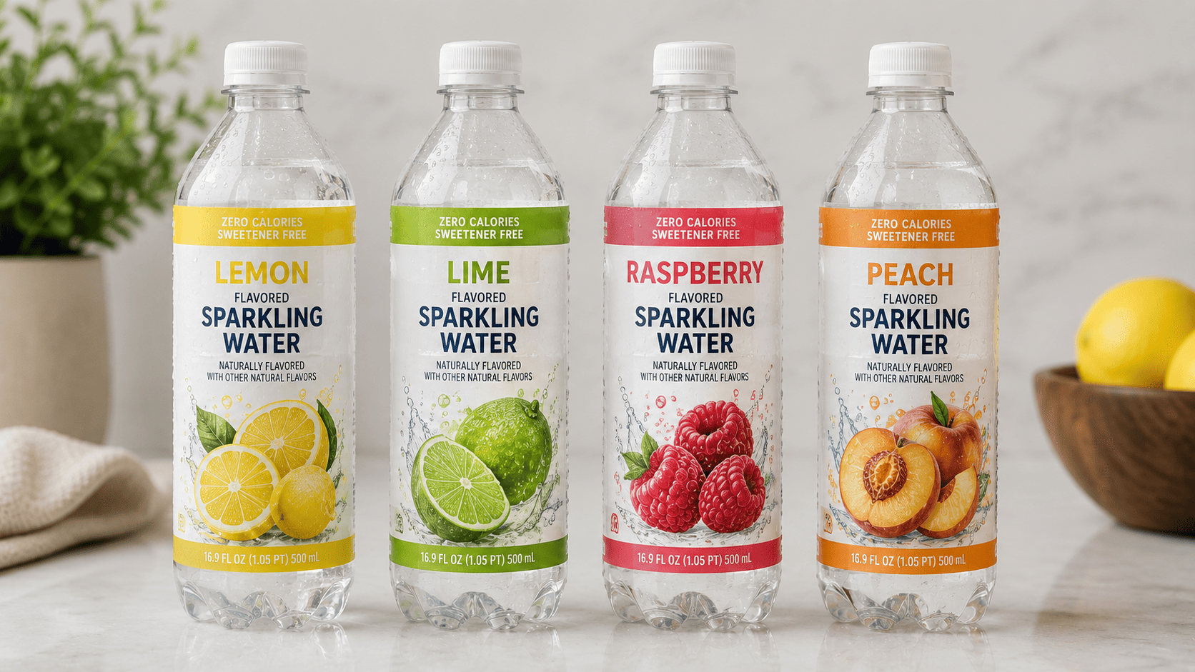 Several unopened cases of colorful flavored sparkling water stacked in a pantry